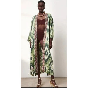 Zara Women's Hanoi Kimono Embroidered Belted Robe Green Floral Size M